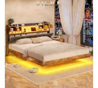 FCSQIU Cadre de lit 160 x 200 cm avec LED, lit double industriel, en métal, 160 x 200 cm, avec espace de rangement, tête de lit rembourrée, cadre de lit avec sommier à lattes, lit double flottant