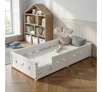 FCSQIU Lit à plancher en bois massif, lit Montessori pour enfants, 140 x 200, lit simple avec auvent anti-chute et cadre avec lattes, pour enfant et fille, sans matelas