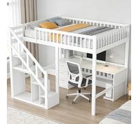 FCSQIU Lit mezzanine avec armoire, 140 x 200 cm, multifonction, avec escaliers de rangement, lit superposé, pour enfant, 90 x 200 cm, protection anti-chute, sommier à lattes, cadre de lit pour