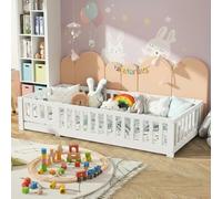FCSQIU Montessori Lit de sol, 90 x 200 cm, pour enfant, avec protection anti-chute et sommier à lattes, blanc, 90 x 200 cm, protection anti-chute et sommier à lattes, lit à barreaux, lit simple