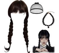 FCXQG Perruque Mercredi Perruque Tresse Noire Mercredi Perruque Perruque Mercredi Perruque Tresse Noire Perruque Enfant Mercredi Perruque Mercredi Perruque Tresse Noire Avec 1 Colliers 1 RéSille