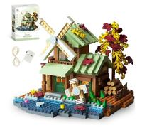 FCXVXCL Bloc Construction Maison Architecture Blocs Construction avec Lumière et Moulin Jouet de Constructions Modular Architecture Modèle Cadeaux pour Enfants 10.4×11.7×9cm