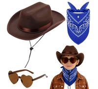FCXVXCL Chapeau De Cowboy Pour Enfant 3 Pièces Set D'accessoires Cowboy De l'Ouest Marron Western Cowgirl Hat Chapeau Lunettes Soleil Écharpe Cadeaux Pour La Fête