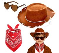 FCXVXCL Chapeau De Cowboy Pour Enfant 3 Pièces Set D'accessoires Cowboy De l'Ouest Marron Western Cowgirl Hat Chapeau Lunettes Soleil Écharpe Cadeau D'anniversaire Pour Enfant