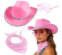 FCXVXCL Chapeau de Cowboy Pour Femme 3Pièces Rose Chapeaux de Cowboy Avec Paillettes et Feather Heart Sunglasses Femmes Foulard Set Adaptés Pour Halloween Les Fêtes À Thème