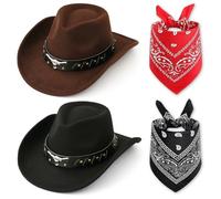 FCXVXCL Chapeau Western 4 Pièces Casquettes Foulard Set Chapeau De Cowboy Occidental Vintage Avec Accessoires Uniques Tête De Taureau Adaptés Pour Halloween Les Fêtes À Thème