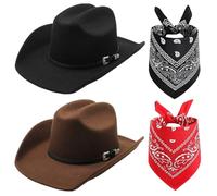 FCXVXCL Chapeau Western 4 Pièces Chapeau De Cowboy Avec Bandanas Occidental Vintage Accessoires Uniques Large Bord Bonnets Casquettes Protection Solaire D'extérieur