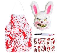 FCXVXCL Costume de Boucher Halloween, 4 Pièces Costume de Lapin D'horreur, un Masque de Lapin Effrayant, un Tablier, Couteau de Sang, Tattoo Sheets, Costume d'Halloween Hommes, Adulte et Adolescent