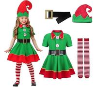 FCXVXCL Costume Elfe De Noël Pour Enfants Assistant Du Père Noël Déguisement Lutins Avec Robe Chapeau Ceinture Chaussettes Rayées Pour Nouvelle Année Cosplay Mascarade 140cm