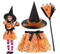 FCXVXCL Halloweens Deguisement Sorciere Fille,3PCS Halloween Citrouille Jupe Tutu et Chapeau Sorciere Balai Sorcière Costume pour Halloween, Carnaval, Cosplay, Rave Parties,Orange