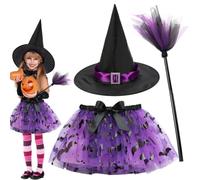 FCXVXCL Halloweens Deguisement Sorciere Fille,3PCS Halloween Citrouille Jupe Tutu et Chapeau Sorciere Balai Sorcière Costume pour Halloween, Carnaval, Cosplay, Rave Parties,Purple2