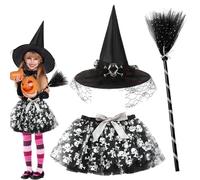 FCXVXCL Halloweens Deguisement Sorciere Fille,3PCS Halloween Citrouille Jupe Tutu et Chapeau Sorciere Balai Sorcière Costume pour Halloween, Carnaval, Cosplay, Rave Parties,Silvery1