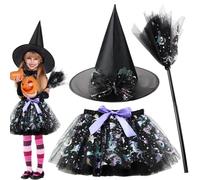 FCXVXCL Halloweens Deguisement Sorciere Fille,3PCS Halloween Citrouille Jupe Tutu et Chapeau Sorciere Balai Sorcière Costume pour Halloween, Carnaval, Cosplay, Rave Parties,Black