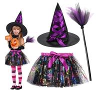 FCXVXCL Halloweens Deguisement Sorciere Fille,3PCS Halloween Citrouille Jupe Tutu et Chapeau Sorciere Balai Sorcière Costume pour Halloween, Carnaval, Cosplay, Rave Parties,Purple