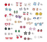 FDCGAS boucle d'oreille - 30 paires de boucles d’oreilles à tige en acier inoxydable avec motif d’animaux mignons et cœurs, étoiles, coccinelles, grenouille, arbre, or rose, perle blanche