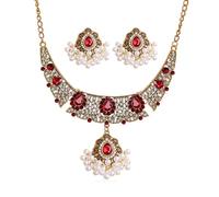 FDEETY 2 Pièces Collier Pendentif Goutte Cristal Rubis Boucles Oreilles Perles Blanches Parure Bijoux Femme Élégante Mariage Cérémonie