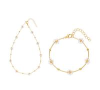 FDEETY 2 Pièces Ensemble Bijoux Fleurs Colorées Collier Bracelet Chaîne Dorée Perles Cristal Printemps Été Femme Accessoire Élégant