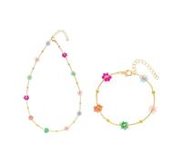 FDEETY 2 Pièces Ensemble Bijoux Fleurs Colorées Collier Bracelet Chaîne Dorée Perles Cristal Printemps Été Femme Accessoire Élégant