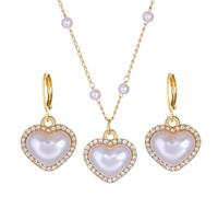 FDEETY 2 Pièces Parure Bijoux Cœur Perle Collier Boucles D'oreilles Ensemble Pendentif Cristal Chaîne Élégante Accessoire Femme