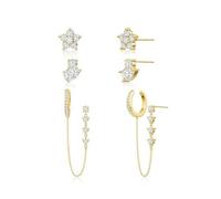 FDEETY 3 Paires Boucles D'oreilles Étoile Fleur Zircon Cubique Plaqué Or 14k Ensemble Clous Chaîne Créoles Bijoux Femme Élégant