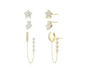 FDEETY 3 Paires Boucles D'oreilles Étoile Fleur Zircon Cubique Plaqué Or 14k Ensemble Clous Chaîne Créoles Bijoux Femme Élégant
