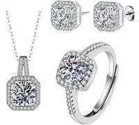 FDEETY 3 Pièces Ensemble Bijoux Carré Brillant Collier Boucles D'oreilles Bague Cristal Zircon Cubique Argent Élégant Parure Femme