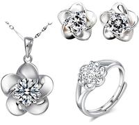 FDEETY 3 Pièces Ensemble Bijoux Carré Brillant Collier Boucles D'oreilles Bague Cristal Zircon Cubique Argent Élégant Parure Femme