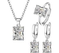 FDEETY 3 Pièces Ensemble Bijoux Carré Cristal Bague Collier Boucles D'oreilles Argent Femme Élégant Accessoire Brillant