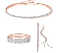FDEETY 3 Pièces Ensemble Bijoux Cristal Brillant Collier Bracelet Boucles D'oreilles Strass Élégant Accessoires Femme Luxueux Parure Mariage Soirée