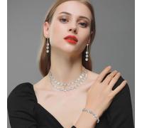 FDEETY 3 Pièces Parure Bijoux Cristal Brillant Collier Double Rangée Boucles Pendantes Bracelet Élégant Ensemble Accessoires Femme