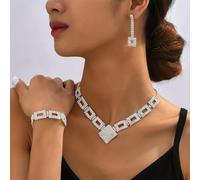 FDEETY 3 Pièces Parure Bijoux Géométrique Carré Cristal Collier Bracelet Boucles D'oreilles Ensemble Strass Luxueux Brillant Accessoires Femme