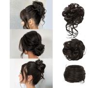 FDEETY 3 Pièces Postiche Cheveux Naturel Chignon Bouclé Décoiffé Postiche Chignon Bouclés Ondulés Synthétiques avec Elastique Chouchou Extension de Cheveux pour Femme （Noir Marron）