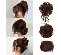 FDEETY 3 Pièces Postiche Cheveux Naturel Chignon Bou coiffé Postiche Chignon Bouclés Ondulés Synthétiques avec Elastique Chouchou Extension de Cheveux pour Femme （Brun Clair）