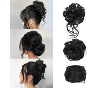 FDEETY 3 Pièces Postiche Cheveux Naturel Chignon Bouclé Décoiffé Postiche Chignon Bouclés Ondulés Synthétiques avec Elastique Chouchou Extension de Cheveux pour Femme （Noir）