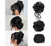 FDEETY 3 Pièces Postiche Cheveux Naturel Chignon Bouclé Décoiffé Postiche Chignon Bouclés Ondulés Synthétiques avec Elastique Chouchou Extension de Cheveux pour Femme （Noir）