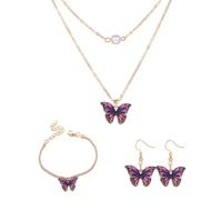 FDEETY 3PCS Ensemble de Bijoux pour Femme Fille Pendentif Perles Papillon Élégante Réglable Collier Bracelet Boucles d'Oreilles Parure de Bijoux Fête Anniversaire Noël Saint-Valentin