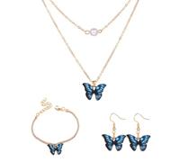 FDEETY 3PCS Ensemble de Bijoux pour Femme Fille Pendentif Perles Papillon Élégante Réglable Collier Bracelet Boucles d'Oreilles Parure de Bijoux Fête Anniversaire Noël Saint-Valentin