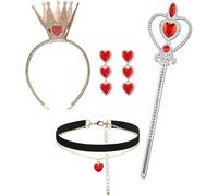 FDEETY 4 Pièces Costume de Reine de Coeur Inclus couronne dorée Cœur Baguette Collier ras du cou Boucles d'Oreilles Dress Up Accessoires de Filles pour Carnaval Halloween Cosplay (gold A)