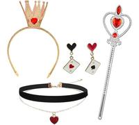 FDEETY 4 Pièces Costume de Reine de Coeur Inclus couronne dorée Cœur Baguette Collier ras du cou Boucles d'Oreilles Dress Up Accessoires de Filles pour Carnaval Halloween Cosplay (gold B)