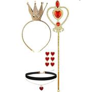FDEETY 4 Pièces Costume de Reine de Coeur Inclus couronne dorée Cœur Baguette Collier ras du cou Boucles d'Oreilles Dress Up Accessoires de Filles pour Carnaval Halloween Cosplay (gold C)