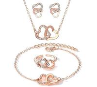 FDEETY 4 Pièces Ensemble Bijoux Cœurs Entrelacés Collier Boucles D'oreilles Bague Bracelet Cristaux Brillants Parure Élégante