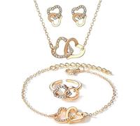 FDEETY 4 Pièces Ensemble Bijoux Cœurs Entrelacés Collier Boucles D'oreilles Bague Bracelet Cristaux Brillants Parure Élégante