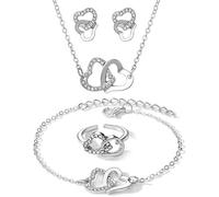 FDEETY 4 Pièces Ensemble Bijoux Cœurs Entrelacés Collier Boucles D'oreilles Bague Bracelet Cristaux Brillants Parure Élégante