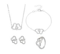 FDEETY 4 Pièces Ensemble Bijoux Cœurs Entrelacés Collier Bracelet Bague Boucles D'oreilles Cristaux Brillants Chaîne Élégante Accessoires Féminins