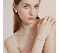 FDEETY 4 Pièces Ensemble Bijoux Femme Rond Cristal Brillant Collier Pendentif Boucles Oreilles Bague Bracelet Infini Argent Élégant