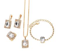 FDEETY 4 Pièces Ensemble Bijoux Rectangulaire Cristal Brillant Collier Bracelet Bague Boucles D'oreilles Parure Élégante Strass Luxueuse
