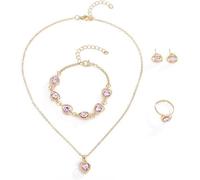 FDEETY 4 Pièces Parure Bijoux Cœur Cristal Brillant Collier Boucles D'oreilles Bracelet Bague Ensemble Élégant Accessoires Femme