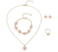 FDEETY 4 Pièces Parure Bijoux Cœur Cristal Brillant Collier Boucles D'oreilles Bracelet Bague Ensemble Élégant Accessoires Femme