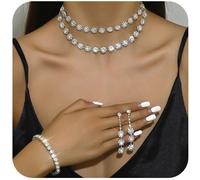 FDEETY 4 Pièces Parure Bijoux Femme Cristal Brillant Collier Double Rang Boucles D'oreilles Bracelet Élégant Ensemble Accessoires Mariage Soirée