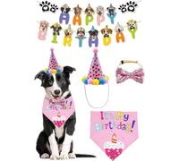 FDEETY 5 Pièces Ensemble Décoration Festive Chien Bandana Nœud Papillon Chapeau Guirlande Bannière Accessoires Célébration Animaux